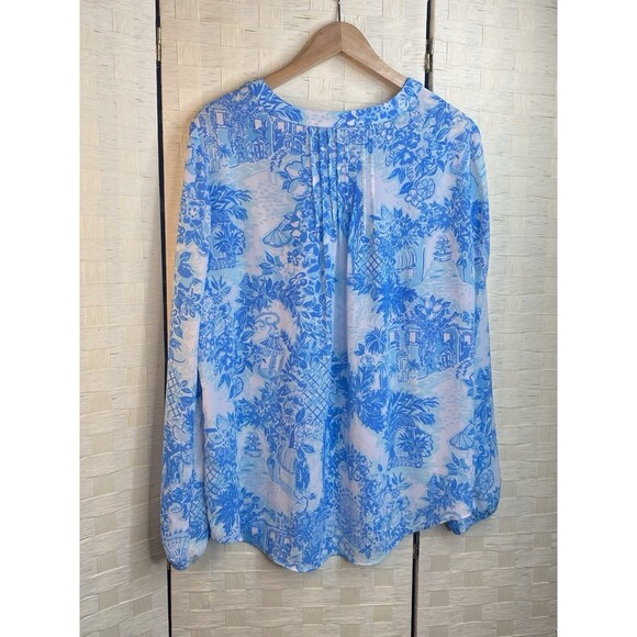 Lilly Pulitzer Size Large Blue Toile Me White Chiffon, ballon 3/4 sleeve. - Picture 8 of 14